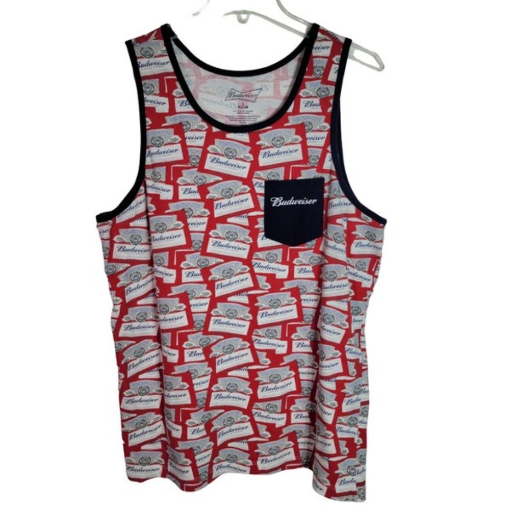 Budweiser Mens Tank‎ Top Size L All Over Print Beer Can Logo Pocket Stretch Red